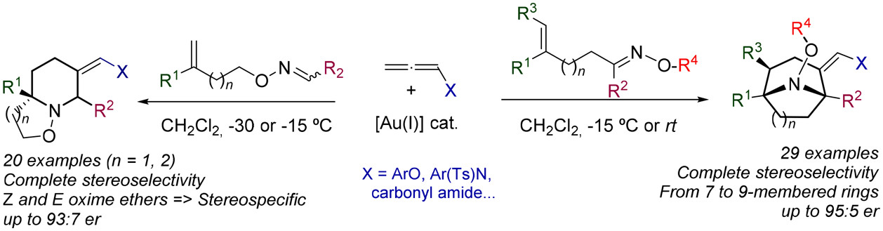 Gold(I)–catalyzed enantioselective annulations between allenes and alkene-tethered oxime ethers: A straight entry to highly substituted piperidines and aza-bridged medium-sized carbocycles